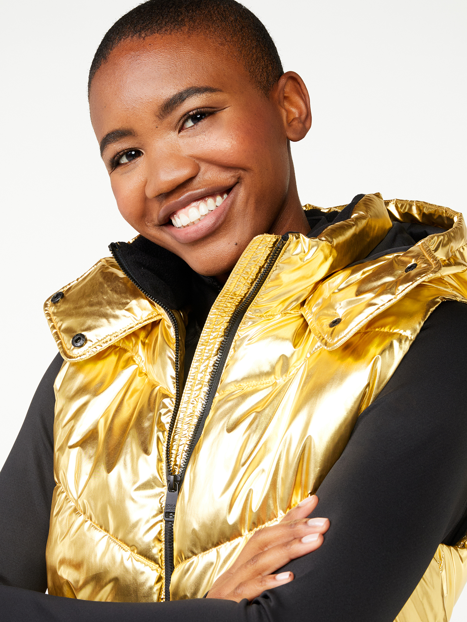 Love & Sports Women's Gold Foil Puffer Vest with Hood - image 5 of 7