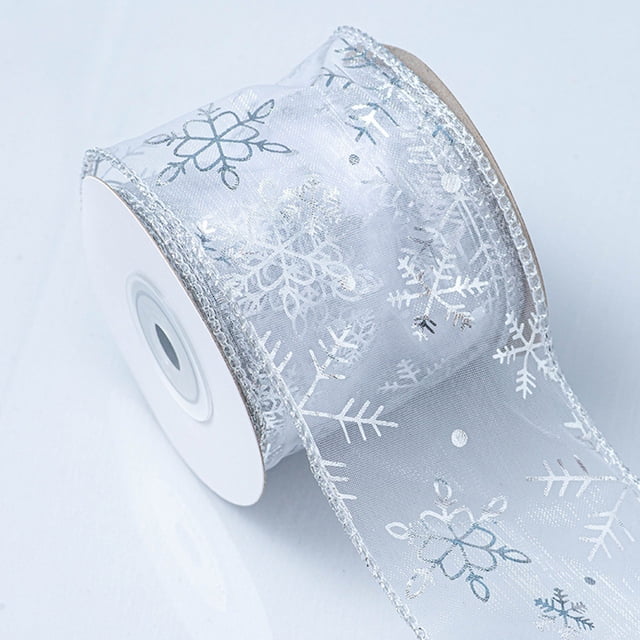 Practical Set Cyenie 1 Roll of Ribbon, Silver Snowflake Christmas Ribbon Wired Edge White Snowflakes Wrapping Wreath