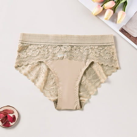 uublik High Waisted Thongs for Women Beige No Show Lace Thong Underwear Stretch Breathable High Rise Panties