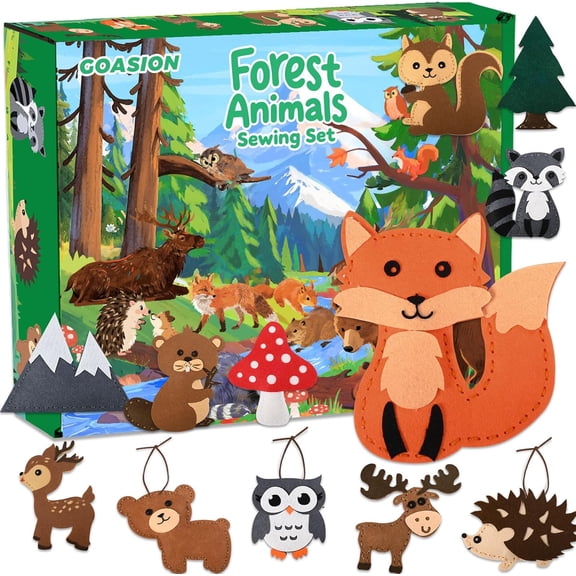 Kids Sewing Kit with Woodland Animals, Pre Punched Design for DIY Hanging Decorations, Beginner Sewing Set for Ages 8-12, Boys and Girls Gift