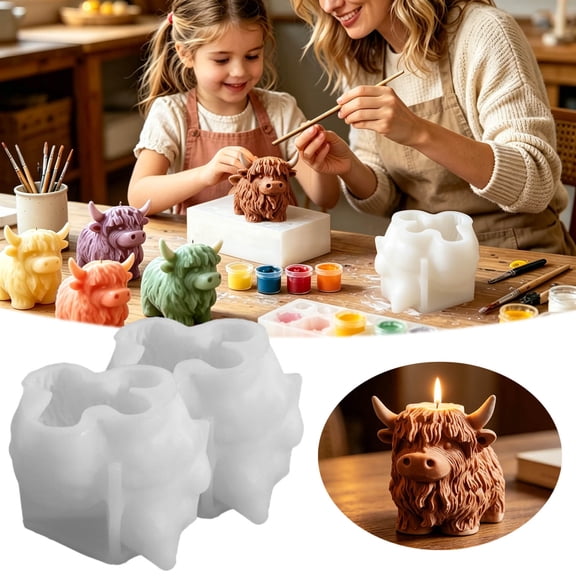 2 PCS Highland Cow Silicone Molds 3D Cow Animal Resin Candle Molds Unique Fondant Chocolate Cake Decorating Mould Cute Ox Soap Mould for Candle Making Epoxy Casting Clay Mold DIY Craft Decor