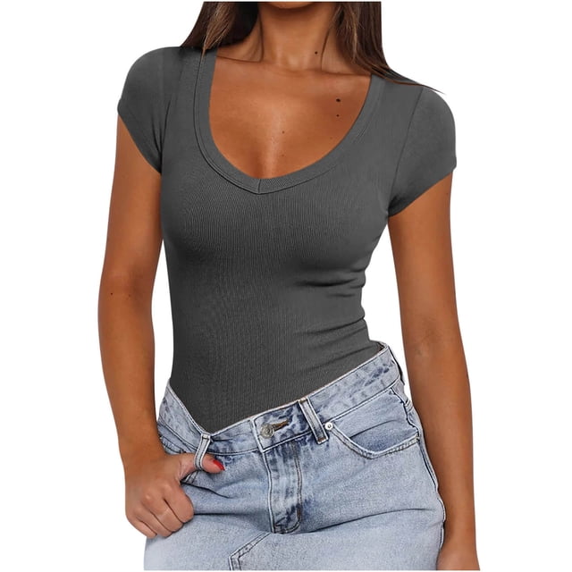 Kovlvoll Going out Tops for Women Crew Neck Short Sleeve Top Summer Ribbed Slim Fitting Solid Color Blouses