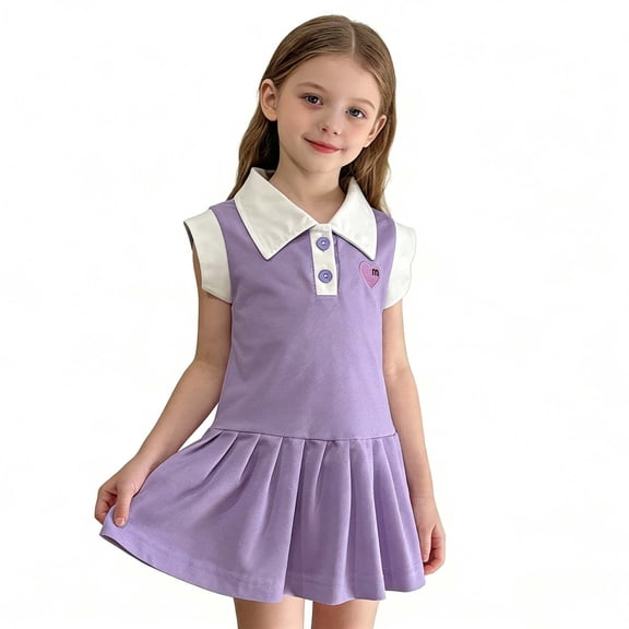 FRSASU Girls Sleeveless Polo Dress Summer Heart Print Sleeveless Casual Sundress Cute Button Tennis Dress for Kids 1-13 Years Purple