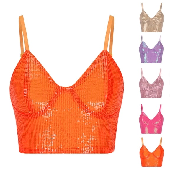 Felirenzacia Women's Cropped V Neck Spaghetti Strap Sequin Tank Top, Sexy Open Back Top, Orange,S (4)