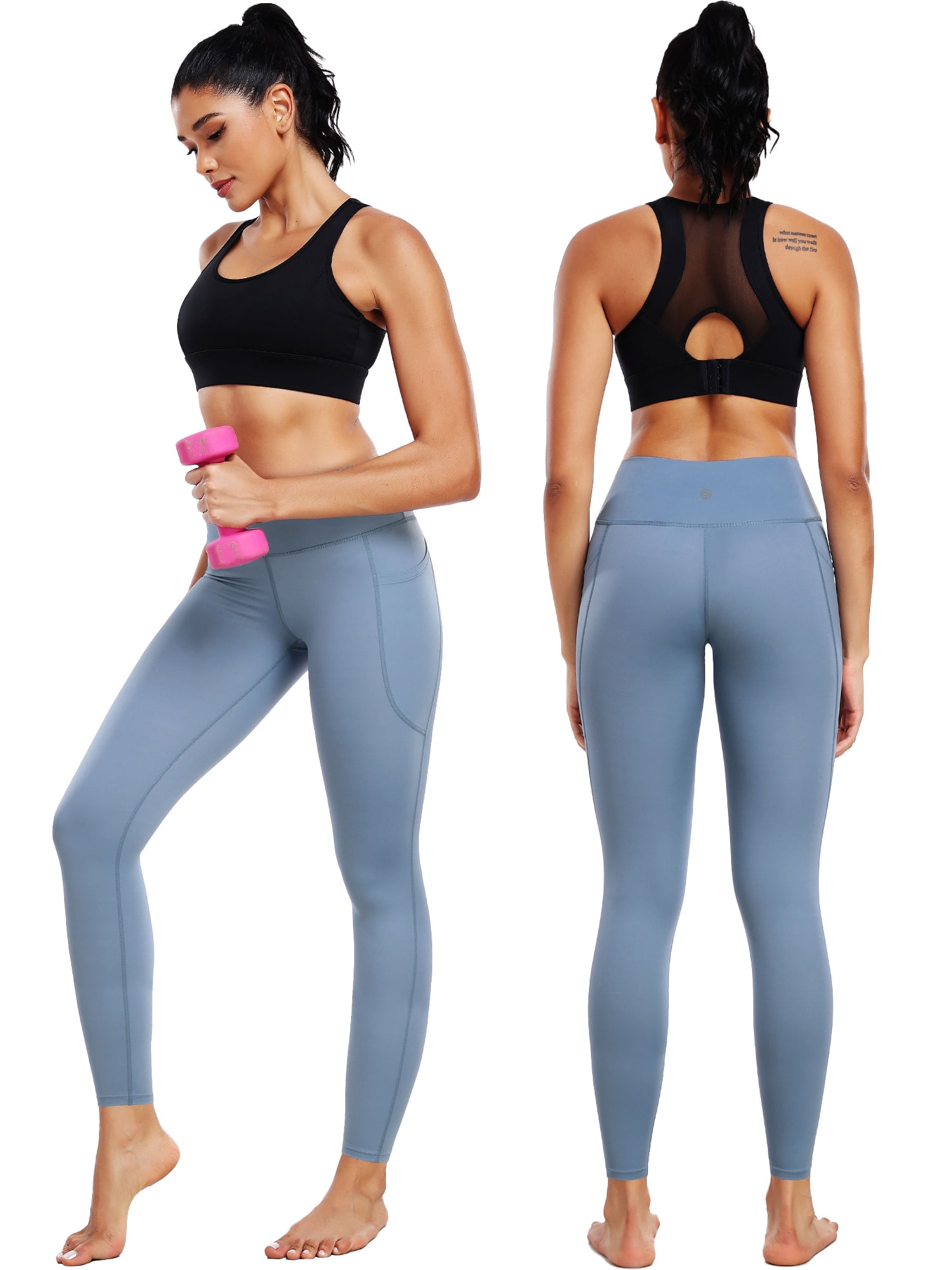 NELEUS Womens Compression Yoga Leggings for Workout High Waist Tummy Control with 2 Pockets,Black+Gray+Light Blue,US Size XL