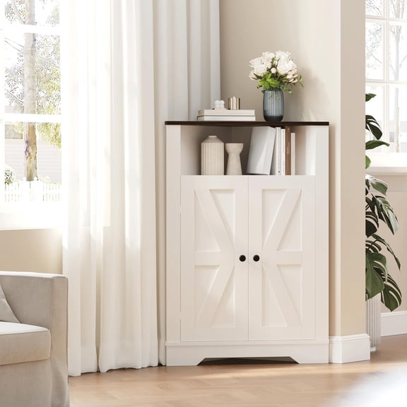 PYY 38.2" Tall Farmhouse Corner Cabinet with 2 Doors and 3 Storage Shelves, Farmhouse Storage Cabinet with Barn Door Design, Home Space Saver for Living Room, Kitchen, Laundry Room, Home Office