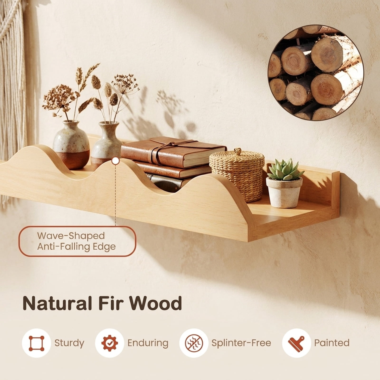 Furnibear 16 Inch Bookshelf Set of 4 Floating Book Shelves for Decoration Book Toy Storage for Living Room Home Office Bedroom Display, Natural