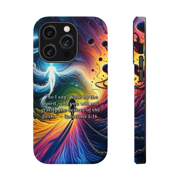 DistinctInk Tough Case for Apple iPhone 14 PRO (6.1" Screen), Compatible with MagSafe Charging - "Walking by the Spirit: Galatians 5:16 Bible Verse"