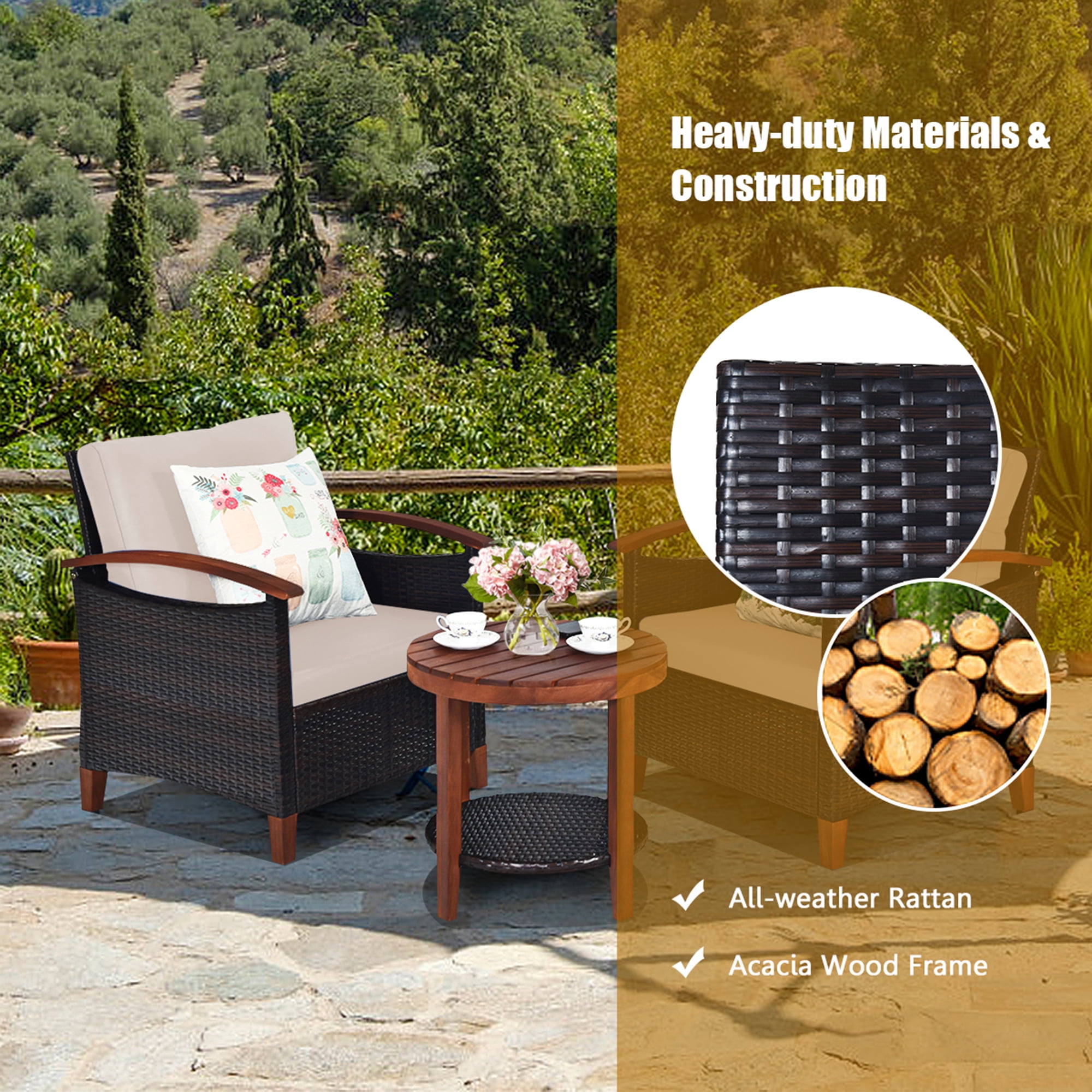 Gymax 3PCS Patio Wicker Rattan Conversation Set Outdoor Furniture Set w/ Beige Cushion
