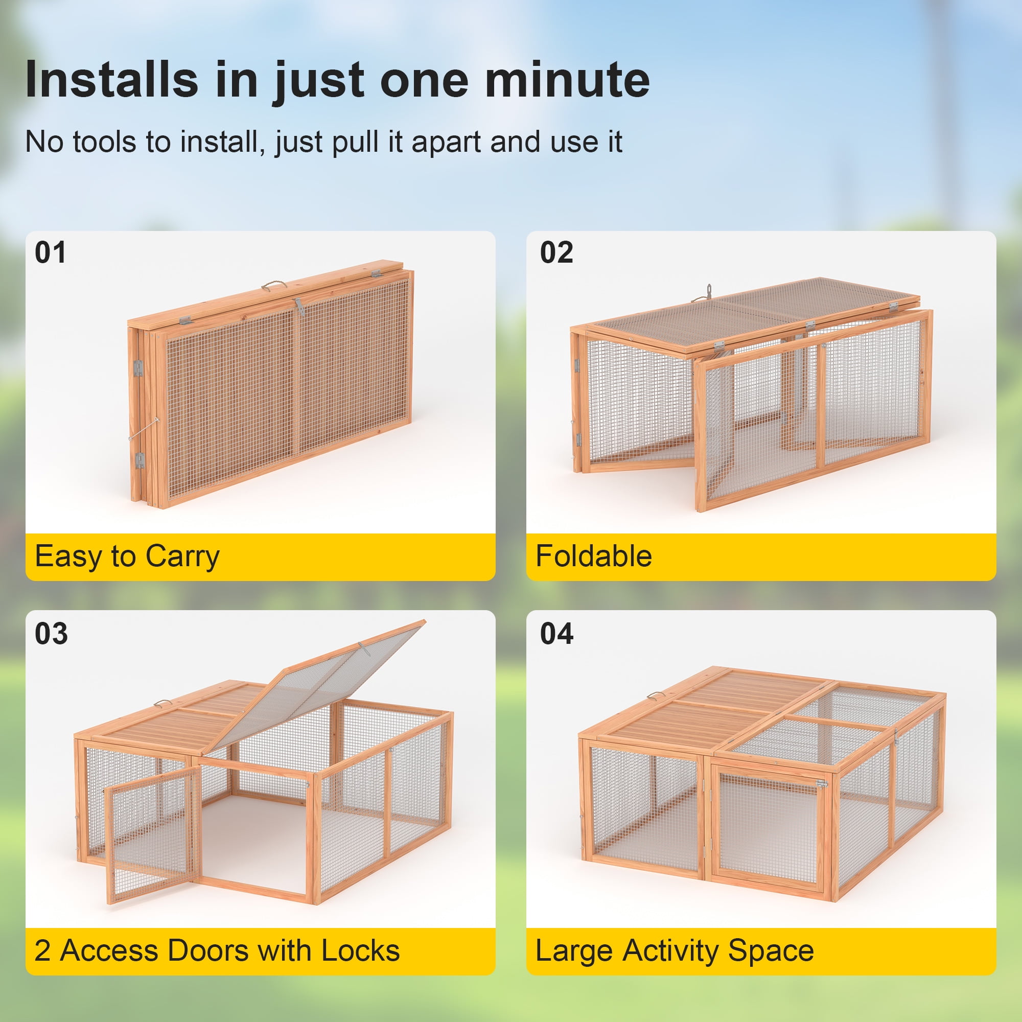 Portable Chicken Coop Run Rabbit Hutch Outdoor Small Animal Cage House Wooden Poultry Enclosure for Bunny, Duck, Chick, Quail, No Assembly Required