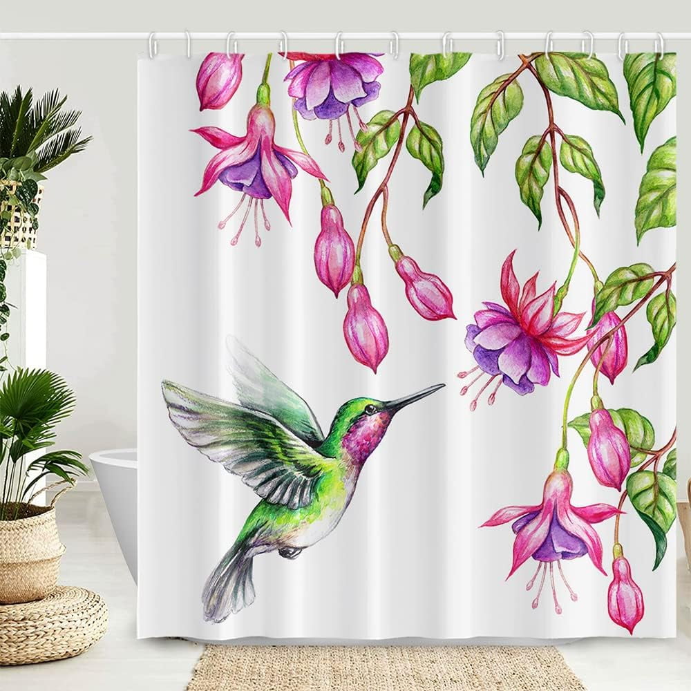 Joocar Spring Bird Shower Curtain Watercolor Hummingbirds Floral Nature