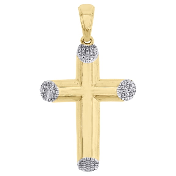 10K Yellow Gold Genuine Diamond Tube Cross Pendant 1.65" Dome Pave Charm 1/5 CT.