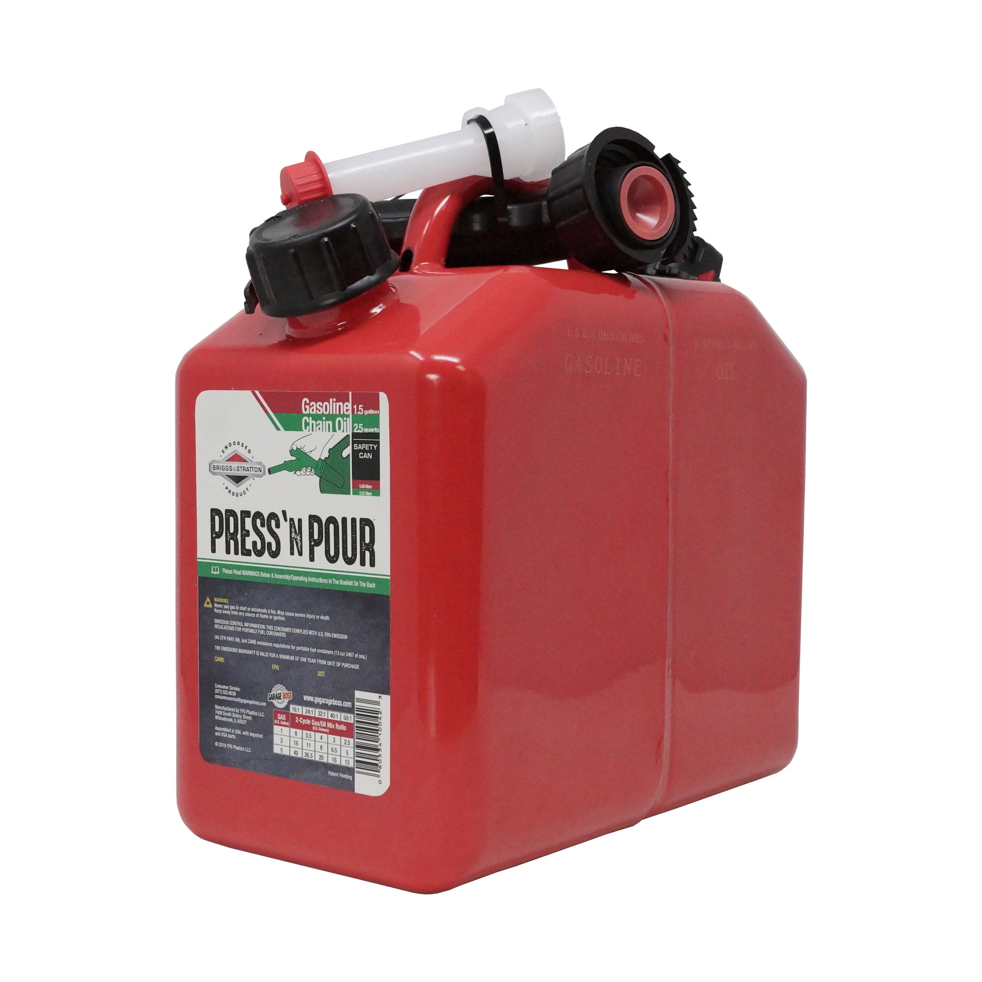 Garage Boss 2 Cans In 1 Press N Pour Metal Gas and Oil Portable Fuel