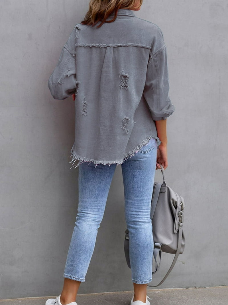 SEARIPE Women's Casual Denim Jacket Frayed Hem Ripped Long Sleeve