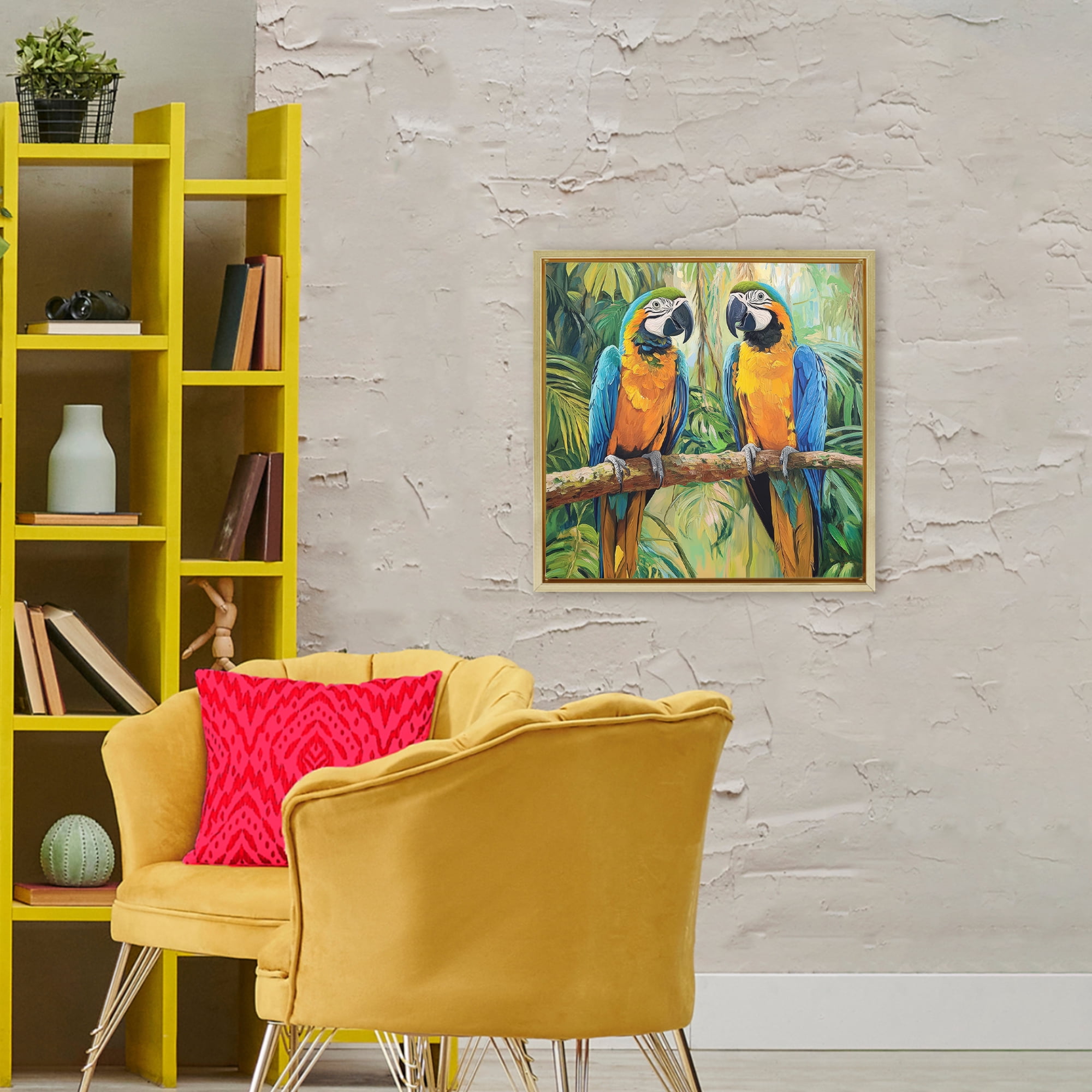 Stupell Industries Two Macaws Among Foliage Gold Framed Floater Canvas Wall Art, design by Petal Prints Design