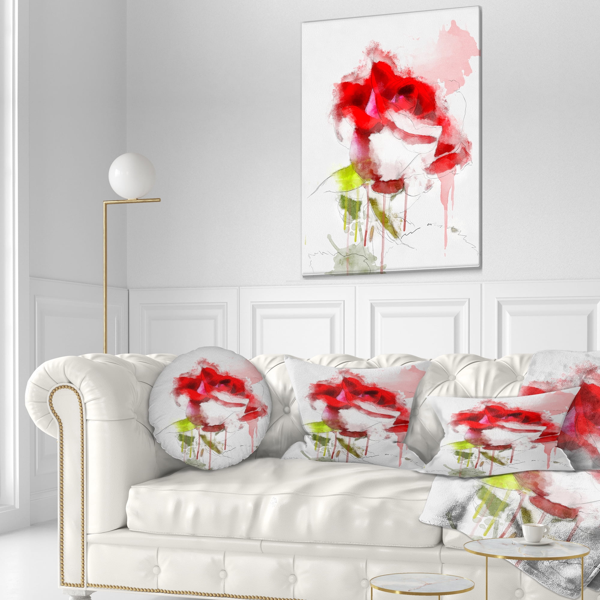 Designart Red Rose Sketch with Red Splashes - Floral Throw Pillow - 12x20