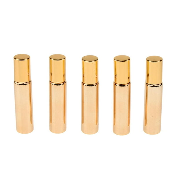 5 frascos de vidrio vacíos con bola de rodillo para perfumes y aceites esenciales. Oro