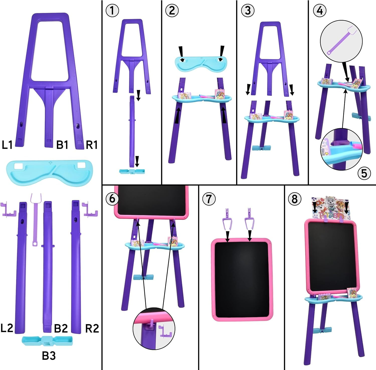 Paw Patrol Standing Art Easel for Kids with Magnetic Whiteboard, Chalkboard, Accessories and Bookmark, Pink/Purple
