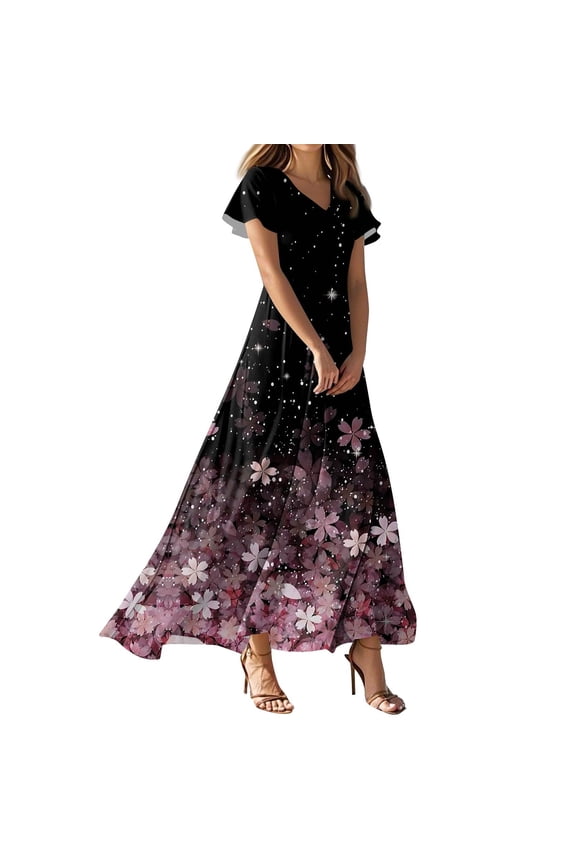 Women's Plus Size Dresses Floral Summer Dress Short Sleeve Casual Long Dress Boho V Neck Church Dresses Spring Tiered Dress Hot Pink XXL