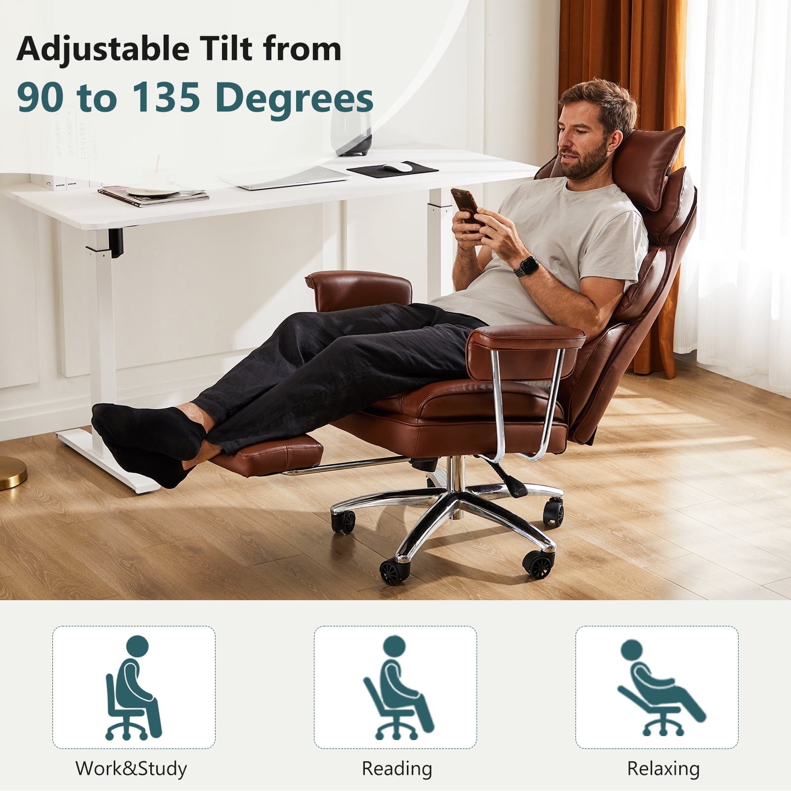 CONCETTA Executive Ergonomic Home Office Chair with Footrest & Lumbar Support, Big Tall High Back, PU Leather, Adjustable & Swivel, Brown
