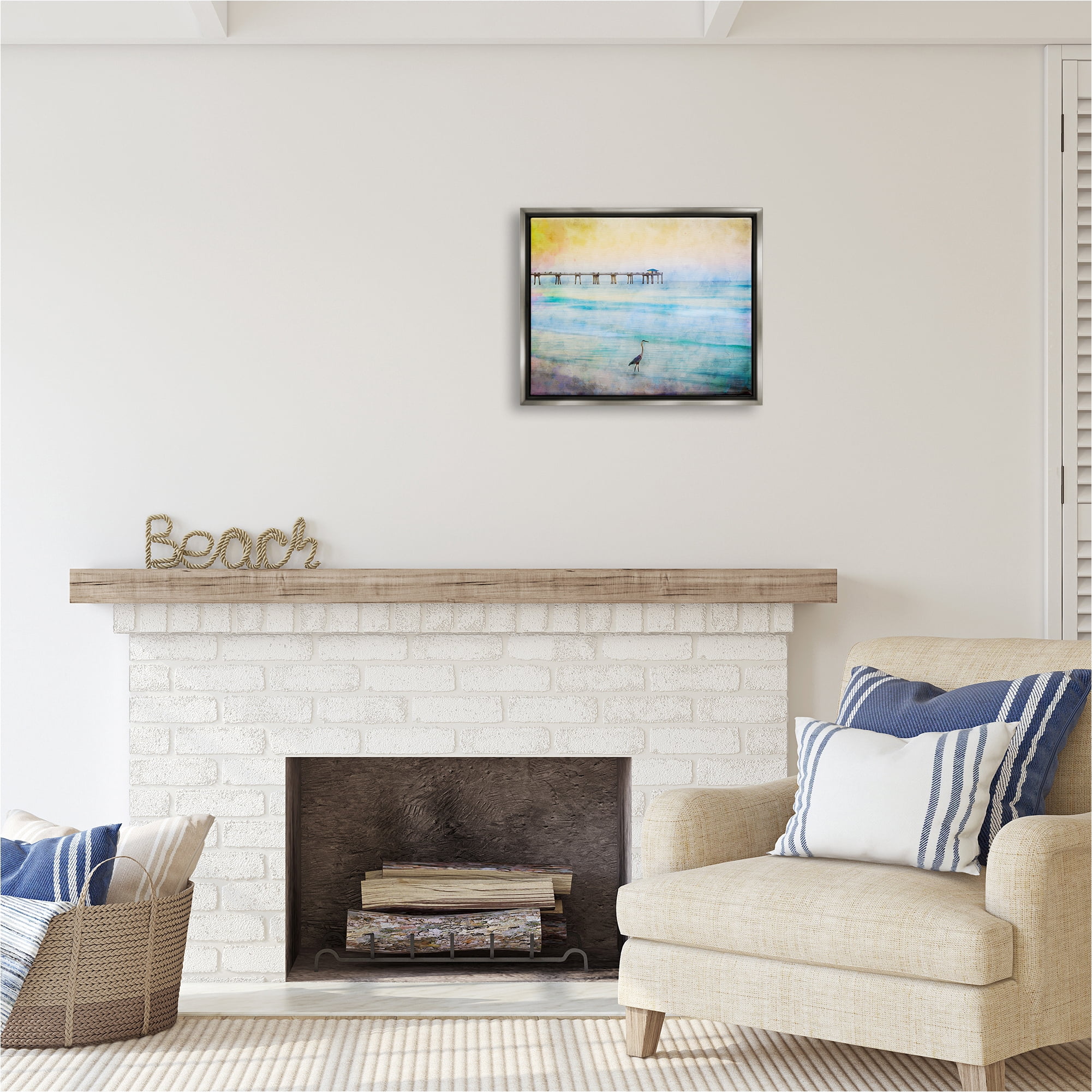 Stupell Industries Abstract Heron on Shore Animals & Insects Painting Gray Floater Framed Canvas Art Print Wall Art, 21 x 17