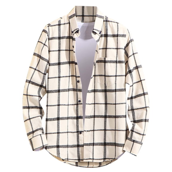 Mens Plaid Shirt Slim Fit Long Sleeve Shirt Button Turn Down Collar Casual Lightweight Top for Spring Fall White L