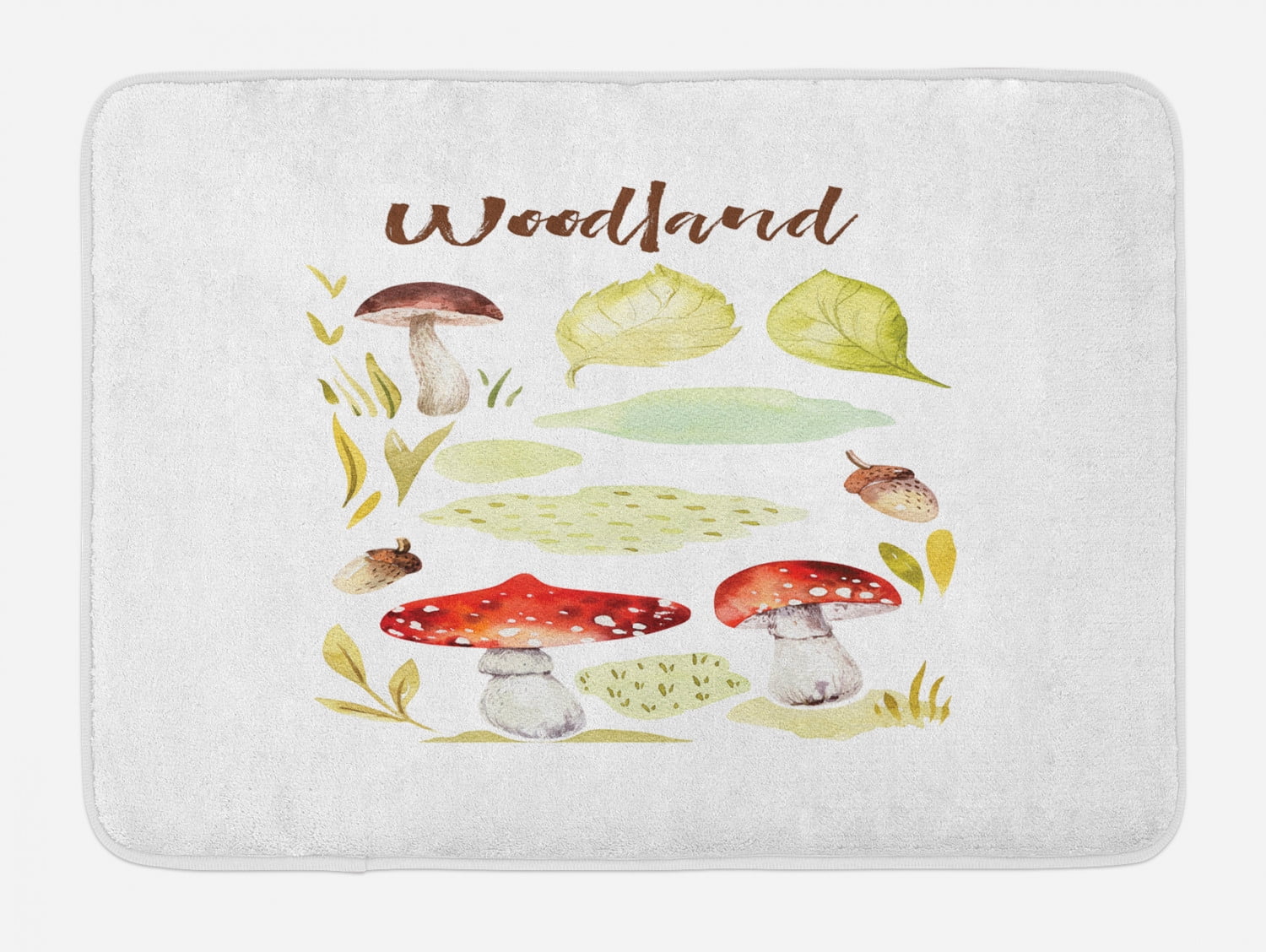 Autumn Bath Mat, Forest Elements Hand Drawn Aquarelle Style Fungus Nuts