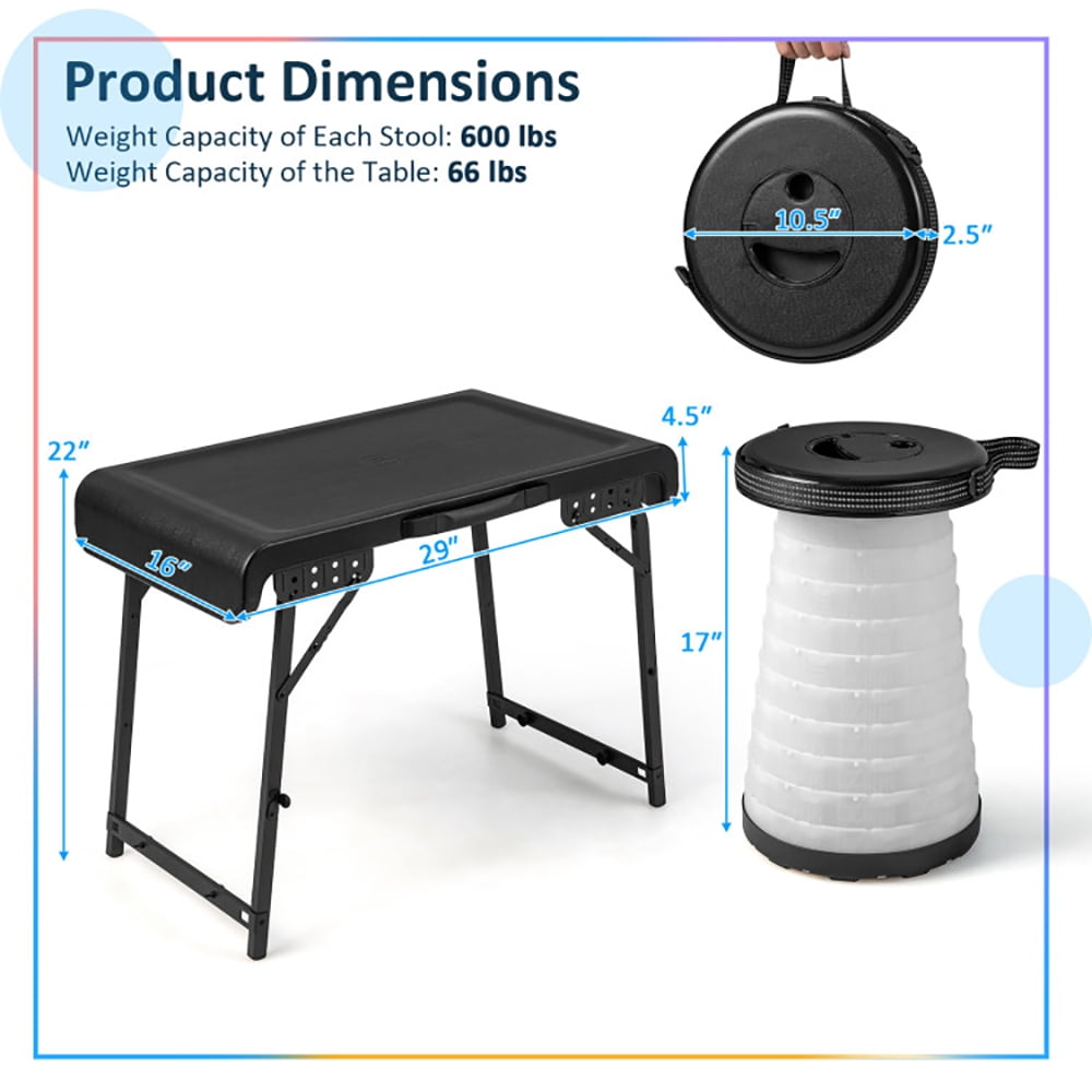 Aimee Lii 3 Pieces Folding Camping Table Stool Set with 2 Retractable LED Stools, Folding Table for Camping and BBQ, Black Aimee Lii 3 Pieces Folding Camping Table Stool Set with 2 Retractable LED Stools, Folding Table for Camping and BBQ, Black
