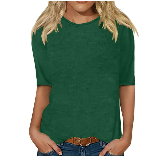Erwazi T-Shirts à Manches Mi-Longues pour Femmes, Décontractés, Coupe Ample, Col Ras du Cou, Mignons, Unis, Tuniques Basiques