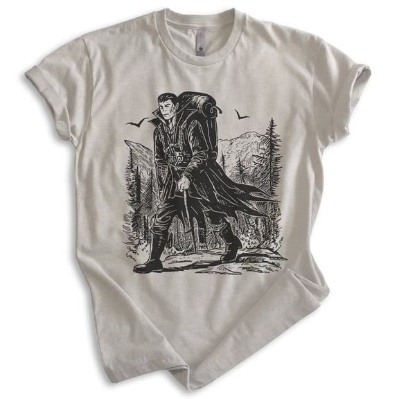 Dracula Hiking T-shirt, Unisex Women's Men's, Dracula Vampire Hiking Hiker Mountains Transylvania, Light Silk Gray, Medium