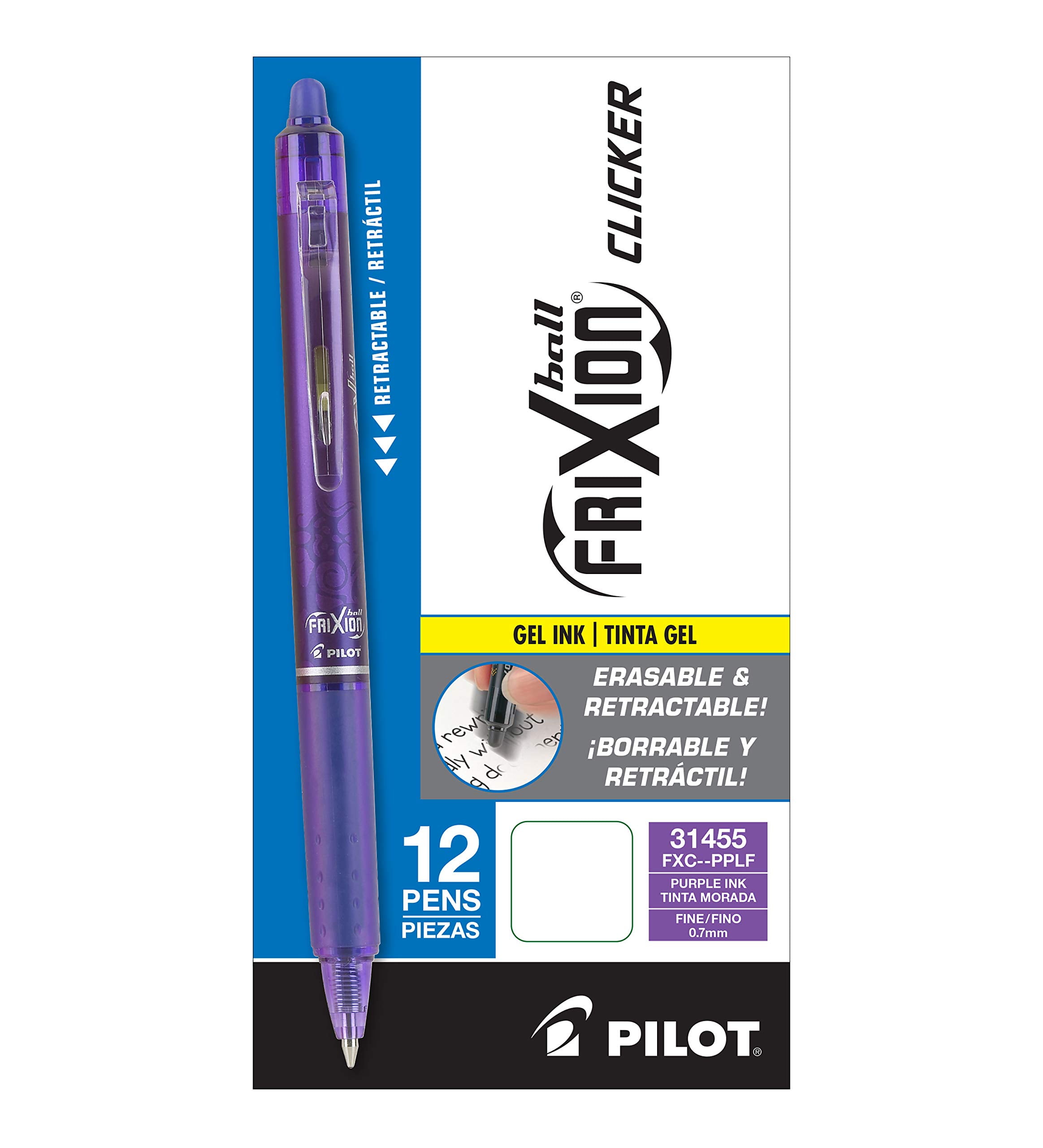 PILOT FriXion Clicker Erasable, Refillable & Retractable Gel Ink Pens, Fine Point, Purple Ink, 12-Pack (31455)
