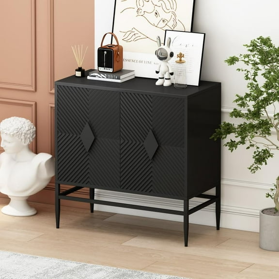 NEW 31.50" Modern 2 Door Wooden Storage Cabinet Accent Cabinet with Metal Leg Featuring Two-tier Storage, for Living Room, Entryway and Dining Room, Painted in Black