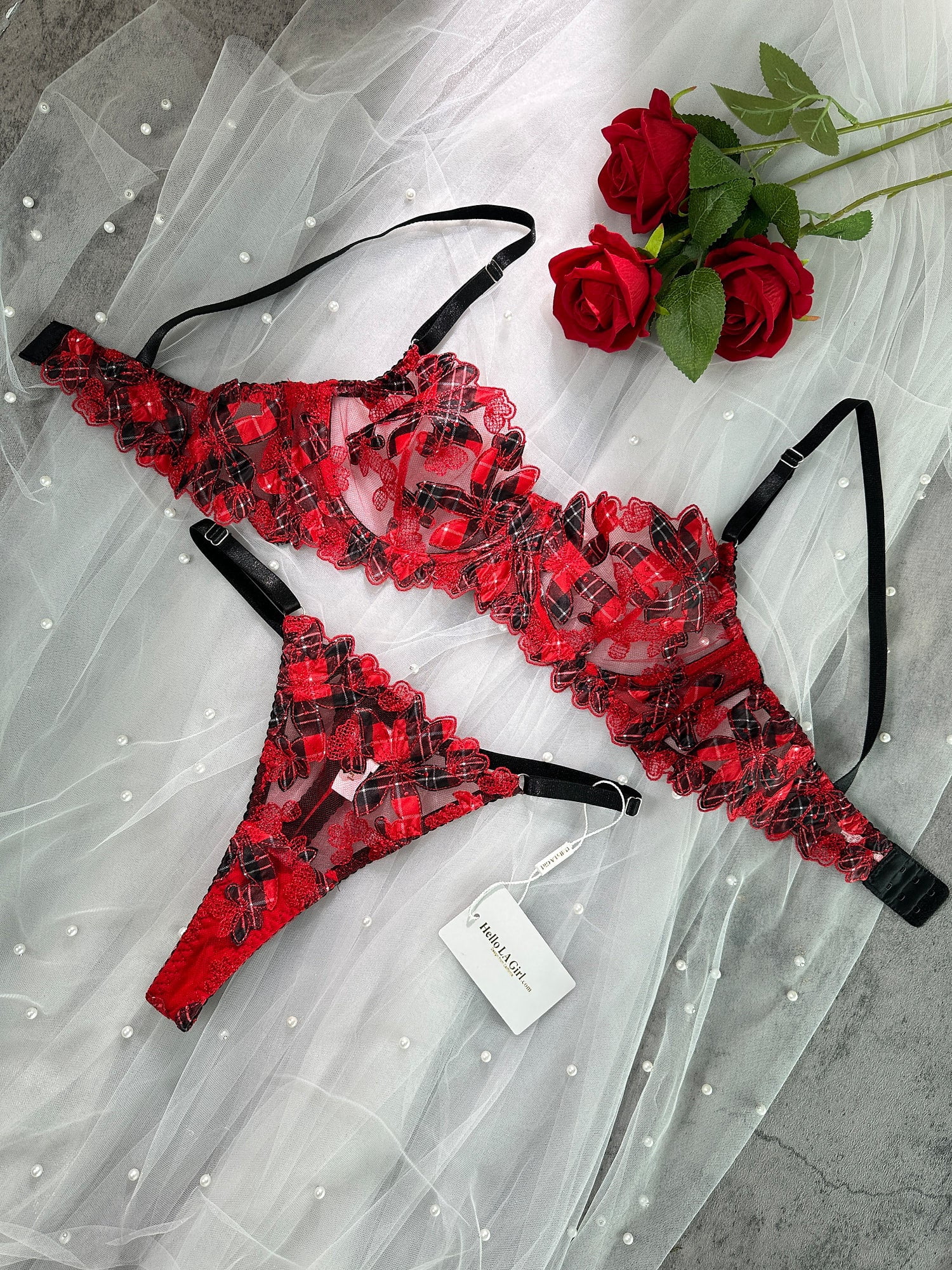 Red Tartan Flower Lingerie Set (RED, XL)