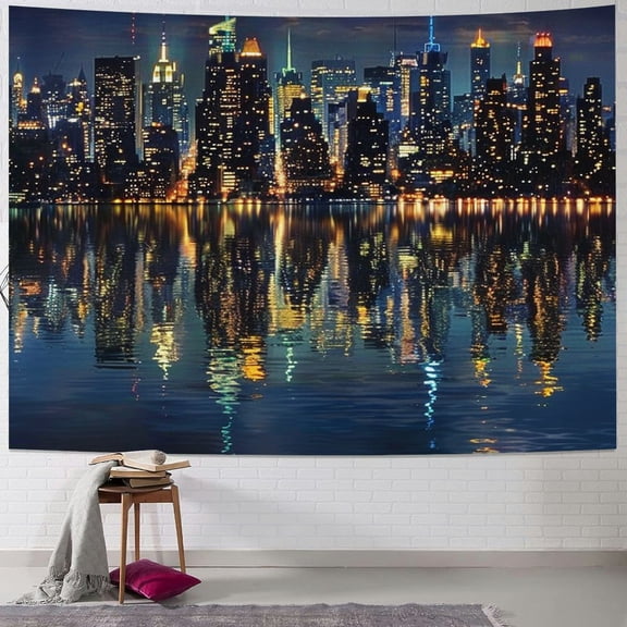Orinice City Skyline at Night Tapestry Wall Hanging Unique Style Graphic Tapestries for Home Wall Decor 40x30inch