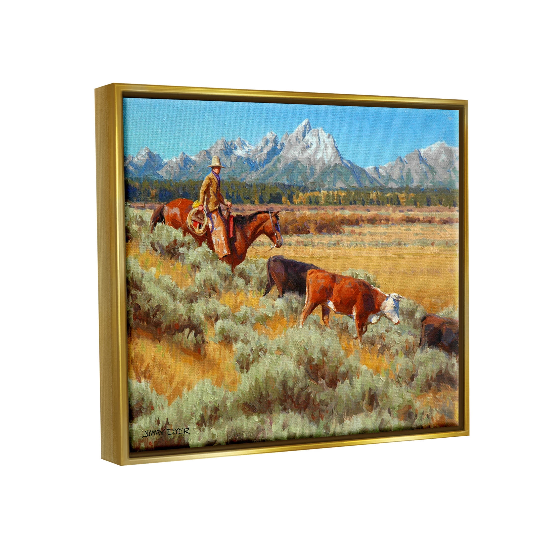 Western Ranch Horse Cattle Animals & Insects Painting Metallic Gold Framed Art Print Wall Art