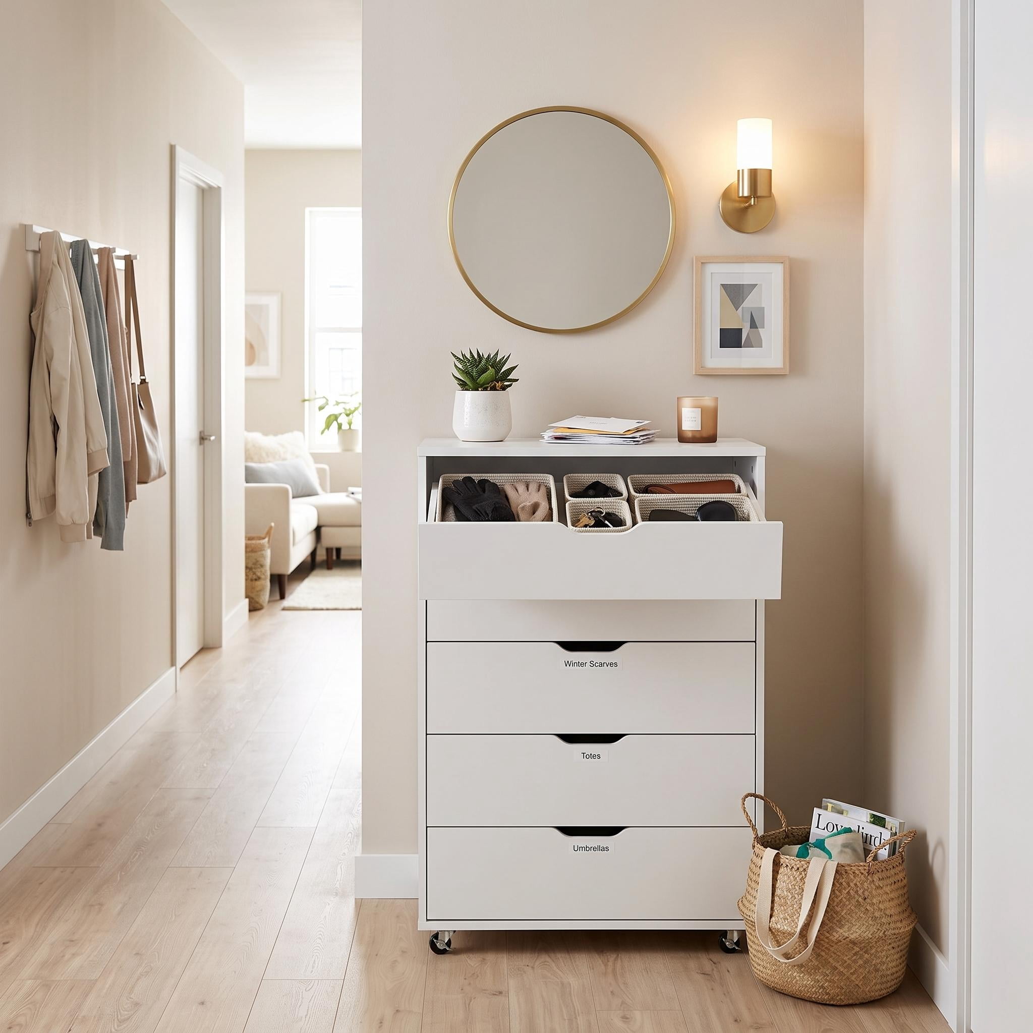 Homy Casa White 5 Drawer Dresser on Wheels for Bedroom Closet Office Storage