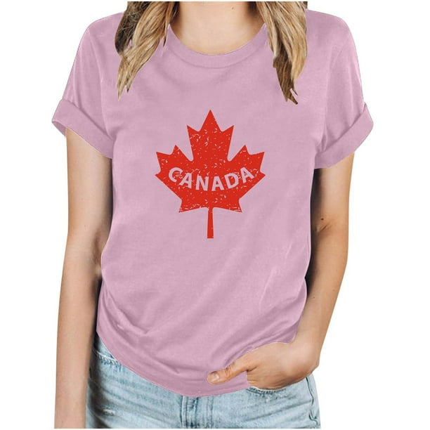 Camisetas de Manga Corta para Mujeres Canadá Día Hoja de Arce Impresión Básica de Verano Tee, Cuello Redondo Camiseta Casual