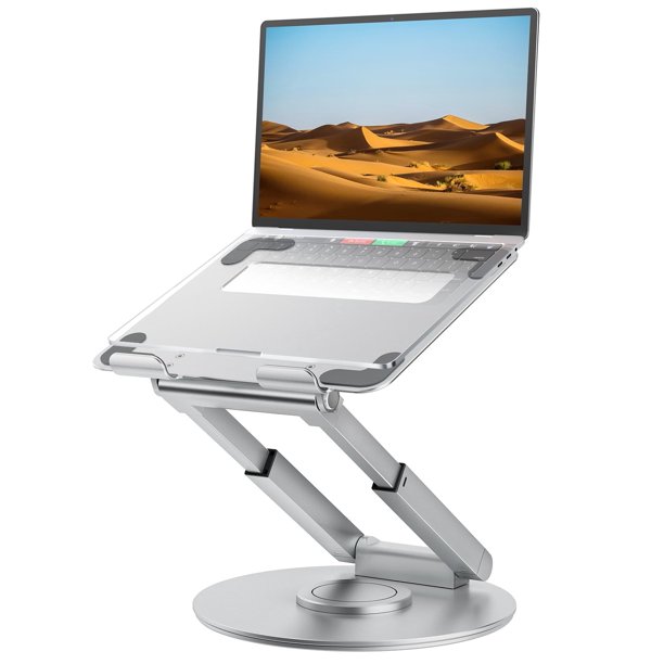 Soporte telescópico para portátil, base giratoria 360°, plateado