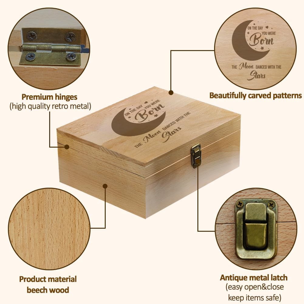 1 Pc Wooden Memory Keepsake Box Moon Pattern Souvenir Box with Hinged Lids for Newborn Storage Box Keepsake to Store Photos Letters and Valuables 9.6x7.6x4inch