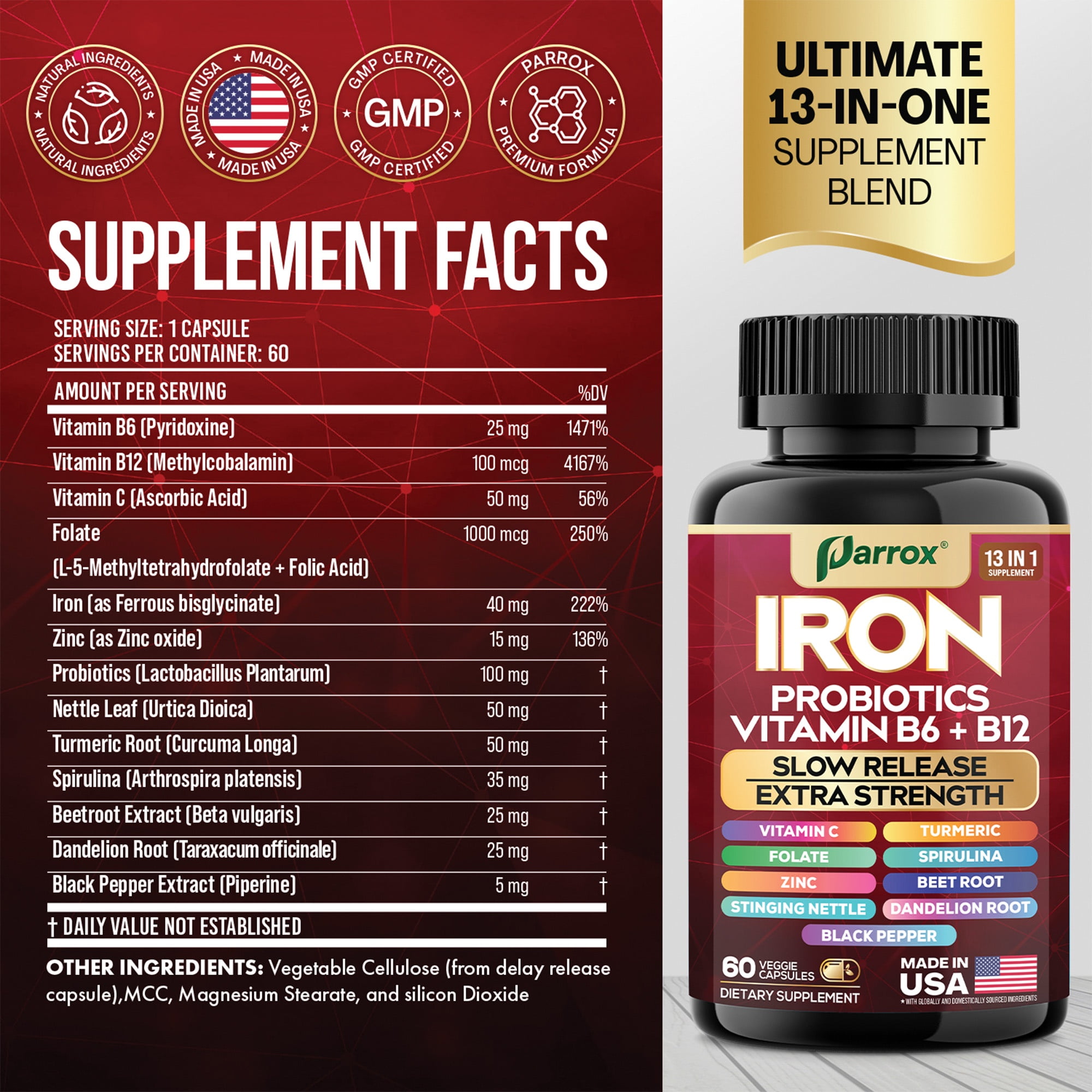 Parrox Iron Supplement with Slow Release Iron, Probiotics, Spirulina, Turmeric, Vitamin B6, B12, C, Zinc, Folate, Beetroot, Nettle Leaf, Dandelion Root,Black Pepper, Extra Strength, 60 Vegan Capsules