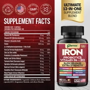 Parrox Iron Supplement with Slow Release Iron, Probiotics, Spirulina, Turmeric, Vitamin B6, B12, C, Zinc, Folate, Beetroot, Nettle Leaf, Dandelion Root,Black Pepper, Extra Strength, 60 Vegan Capsules