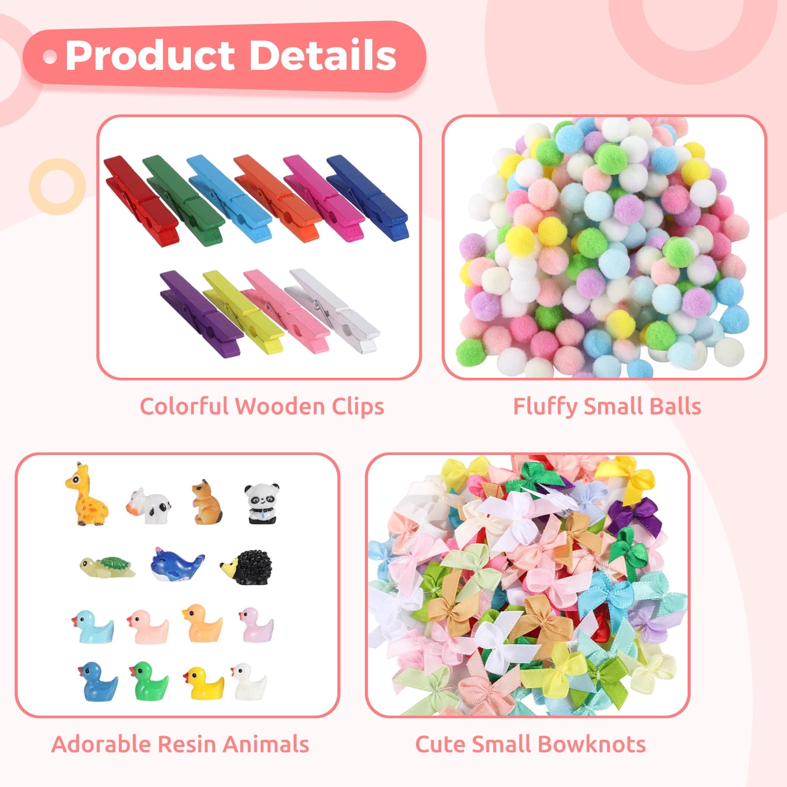 392 PCS Cheer Pins Spirit Clips Set, DIY Cheer Clips for Backpack, Includes 100 Colorful Wooden Clips, Fluffy Balls, Fabric Bows, Resin Animal Figurines for Craft Projects