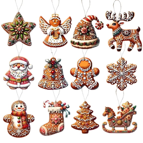12Pcs Christmas Hanging Decorations - Wooden Christmas Tree Pendants, Christma-s Wooden Ornaments Set Pendants Baubles for Indoor Decor Hanging Crafts Unique Gift Tags Xmas Party Accessories