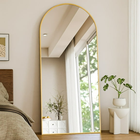Easy4Home 78"x 35" Arch-Top Floor Mirror Metal Frame Free-Standing & Wall-Mounted, Gold