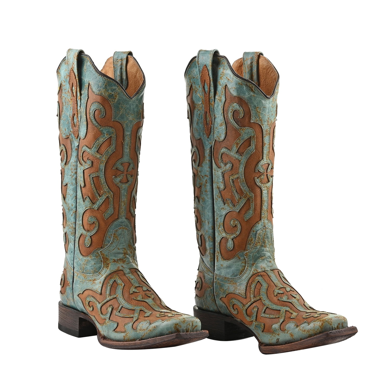 LC TANNER 100% Genuine Leather Square Toe Boot with Glitter Lace Design - Turquoise/Cognac - Size 10 - Walmart.com
