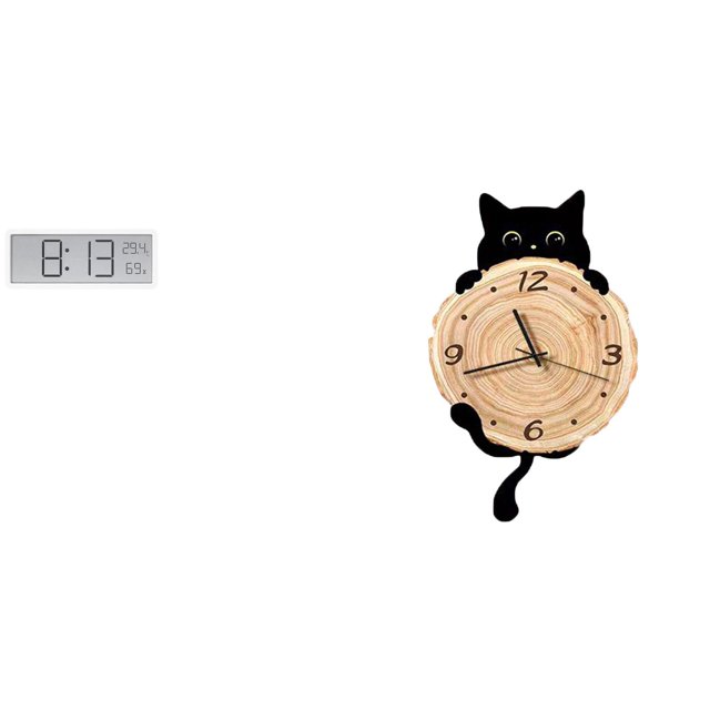 Reloj de pared digital multifuncional con diseño de gato, silencioso, sin , decorativo, con indicador de temperatura y humedad, fabricado en PP