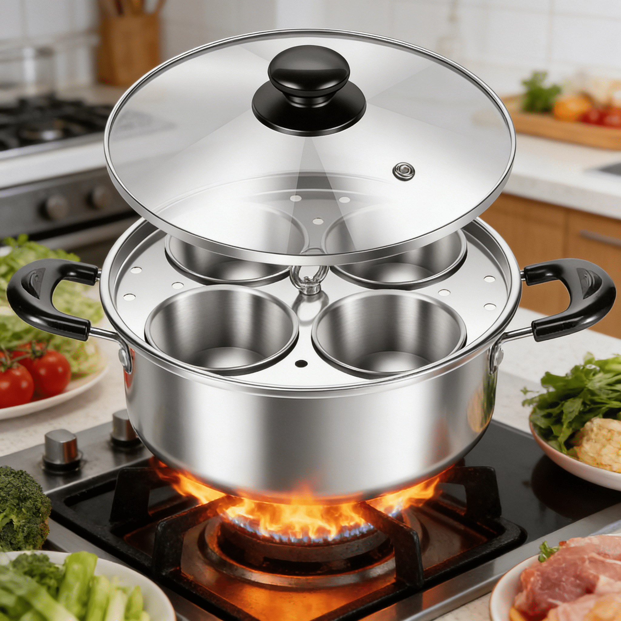 ACDANC 2026 New 2Pcs Egg Poacher Stainless Steel Poached Egg Maker Pot Egg Poaching Pan with 4 Cups Poached Egg Cooker Pot Multipurpose Stovetop Egg Poacher Pot for Induction Cooktop Gas Cooktop