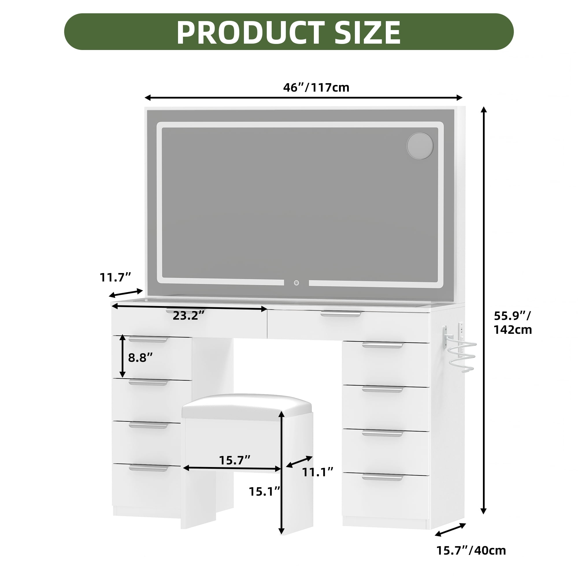 Uforic 10-Drawer Set Makeup Vanity Dressers with Light and Extra-Large Mirror, Glass Top with 3 Color Modes, Storage Bench, White
