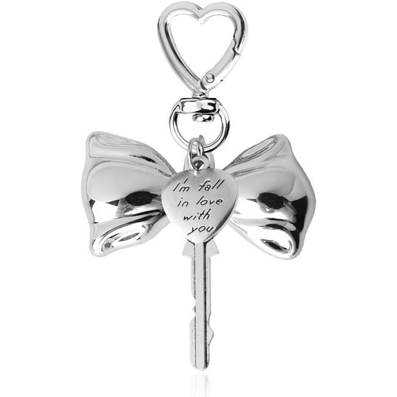 Cute Metal Bow Keychain Bag Purse Charm for Handbags Silver Engraved Key Charm Heart Shaped Clasp Keychain Bow-Knot Charms for Backpack Car Keys Y2K Aesthetic Accessories I Love You Gifts for Her