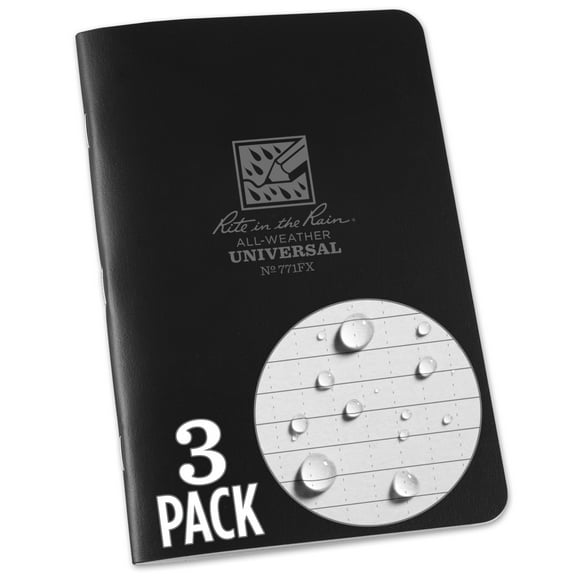 Rite In The Rain Weatherproof Stapled Notebook, 4.625" x 7", Black Cover, Universal Pattern, 3 Pack (No. 771FX) CA1